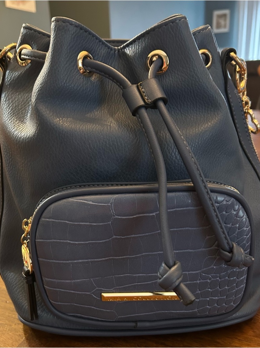 Mia K Farrow Collection Blue Drawstring Bucket Bag with Gold Hardware